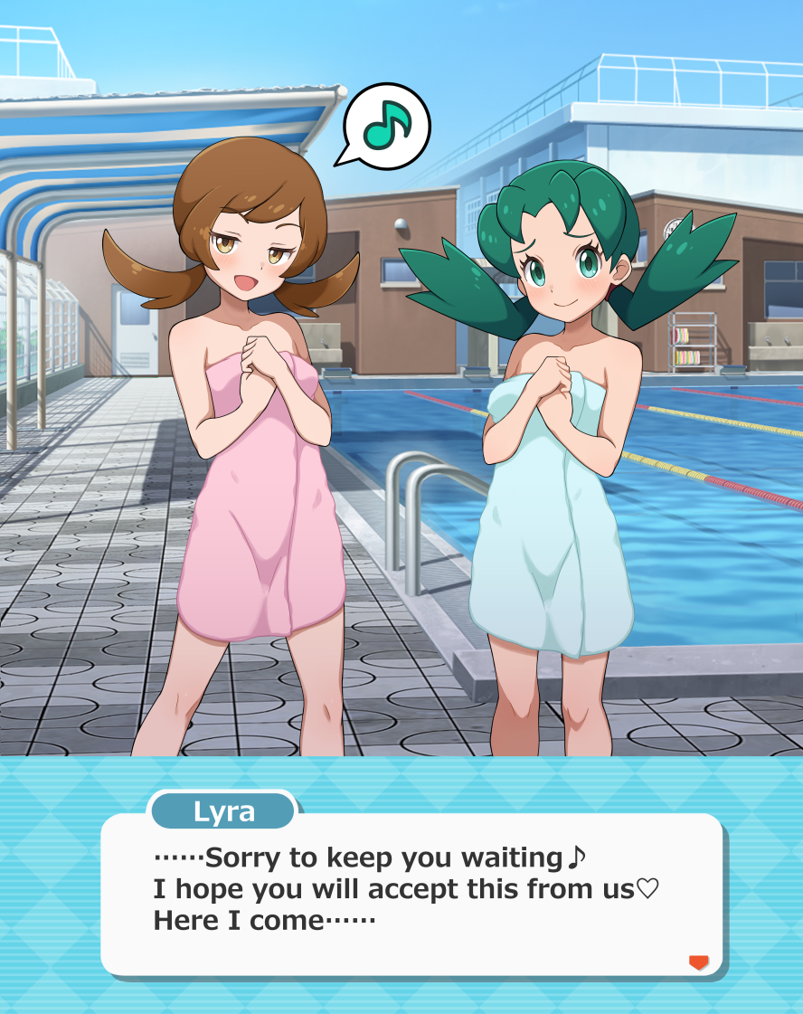 2girls blue_sky blush brown_eyes brown_hair character_name creatures_(company) english_text female_focus game_freak green_eyes green_hair heart in-franchise_crossover kohatsuka kris_(pokemon) looking_at_viewer lyra_(pokemon) matching_hair/eyes multiple_girls musical_note naked_towel nintendo open_mouth outdoors paid_reward_available pokemon pokemon_gsc pokemon_hgss pokemon_masters_ex pool poolside seductive_smile sky smile spoken_heart standing towel twintails variant_set