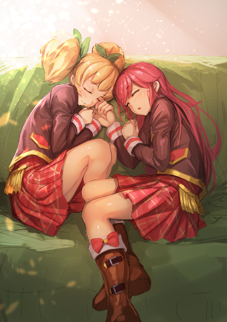 10s 2girls aikatsu! aikatsu!_(series) blonde_hair boots brown_footwear couch green_upholstery hand_grab highres holding_hands knee_boots koruse long_hair long_sleeves multiple_girls open_mouth otoshiro_seira plaid_clothes plaid_skirt red_hair ribbon saegusa_kii school_uniform skirt sleeping twintails