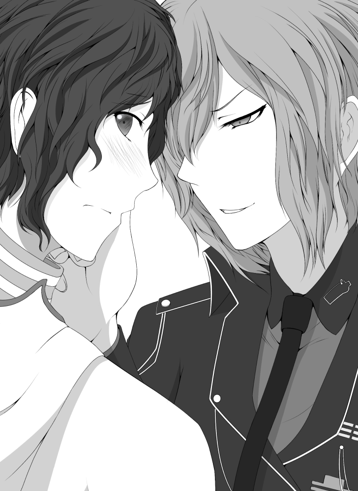 2boys black_hair blush bol_(liliymimi) coat commentary_request devil_survivor_(series) devil_survivor_2 embarrassed greyscale hand_on_another&#039;s_face houtsuin_yamato looking_away male_focus monochrome multiple_boys necktie protagonist_(devil_survivor_2) simple_background smile squinting yaoi