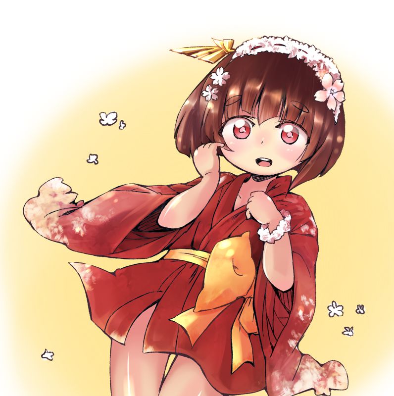 1.0-tan 1girl :d brown_hair croixsan flower flower_hairband hair_flower hair_ornament hands_up japanese_clothes kimono open_mouth os-tan pink_pupils red_eyes red_kimono sash short_hair smile solo standing teeth thick_eyebrows upper_teeth_only white_flower wide_sleeves yellow_sash