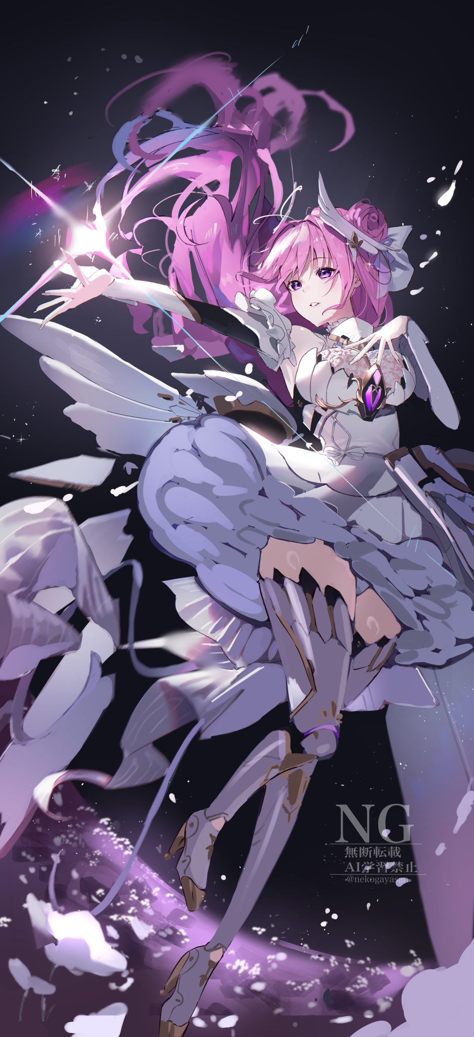 1girl armored_bodysuit bare_shoulders breasts cleavage dorothy_(nikke) dress flower flower-shaped_hair frilled_dress frills goddess_of_victory:_nikke hair_bun hair_intakes high_heels highres horns large_breasts long_hair mechanical_horns nekogayasan panties pantyshot petals pink_hair purple_eyes purple_ribbon ribbon see-through_cleavage see-through_clothes sidelocks single_side_bun solo thigh_armor thighhighs underwear visor_lift white_dress zettai_ryouiki