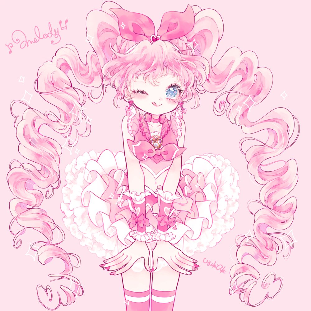 1girl :p blue_eyes bow brooch choker closed_mouth cure_melody curly_hair detached_sleeves earrings frilled_skirt frilled_sleeves frills hair_bow hair_ornament halterneck heart heart_earrings heart_hair_ornament houjou_hibiki jewelry layered_skirt long_hair magical_girl midriff miniskirt nail_polish navel pink_background pink_choker pink_hair pink_nails pink_theme precure simple_background skirt smile solo suite_precure tongue tongue_out twintails uzuki_aki