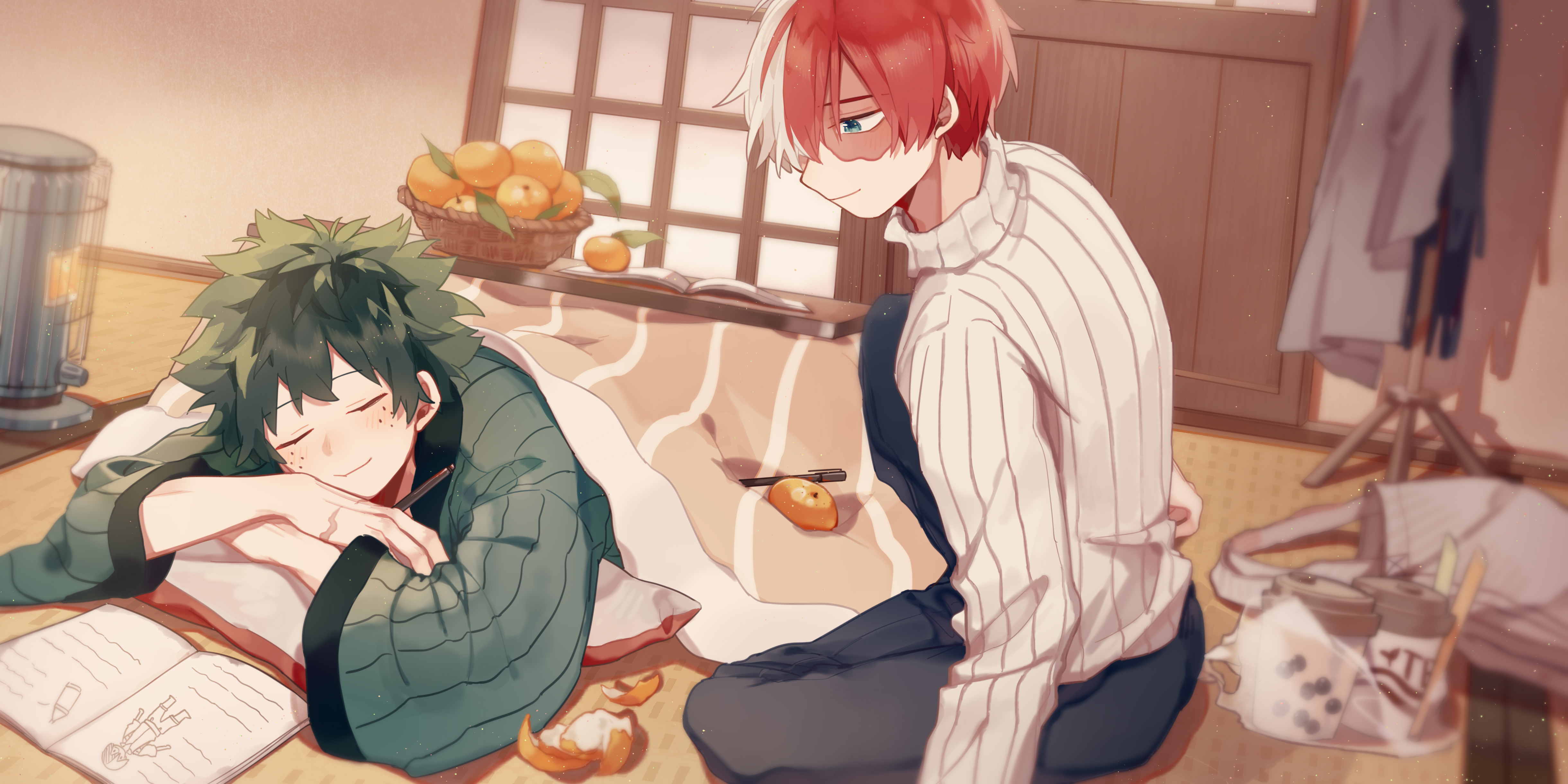 2boys absurdres alternate_costume amarouhi bag basket black_pants blanket blue_eyes blurry blush boku_no_hero_academia book bubble_tea burn_scar cheek_press chinese_commentary closed_eyes closed_mouth clothes coat coat_rack cup depth_of_field disposable_cup drawing drinking_straw dutch_angle food freckles fruit green_hair hand_on_floor hanten_(clothes) happy head_on_arm heater highres indoors kerosene_heater knee_up kotatsu light_particles long_sleeves looking_at_another lying male_focus mandarin_orange midoriya_izuku multicolored_hair multiple_boys notebook official_alternate_costume on_floor on_stomach open_book orange_peel pants perspective pinstripe_pattern pinstripe_sweater plastic_bag profile red_hair scar scar_on_face scar_on_hand shadow shopping_bag short_hair shouji sitting sleeping sliding_doors smile split-color_hair straight_hair sweater table todoroki_shouto turtleneck turtleneck_sweater two-tone_hair under_kotatsu under_table vertical-striped_sweater white_hair white_sweater