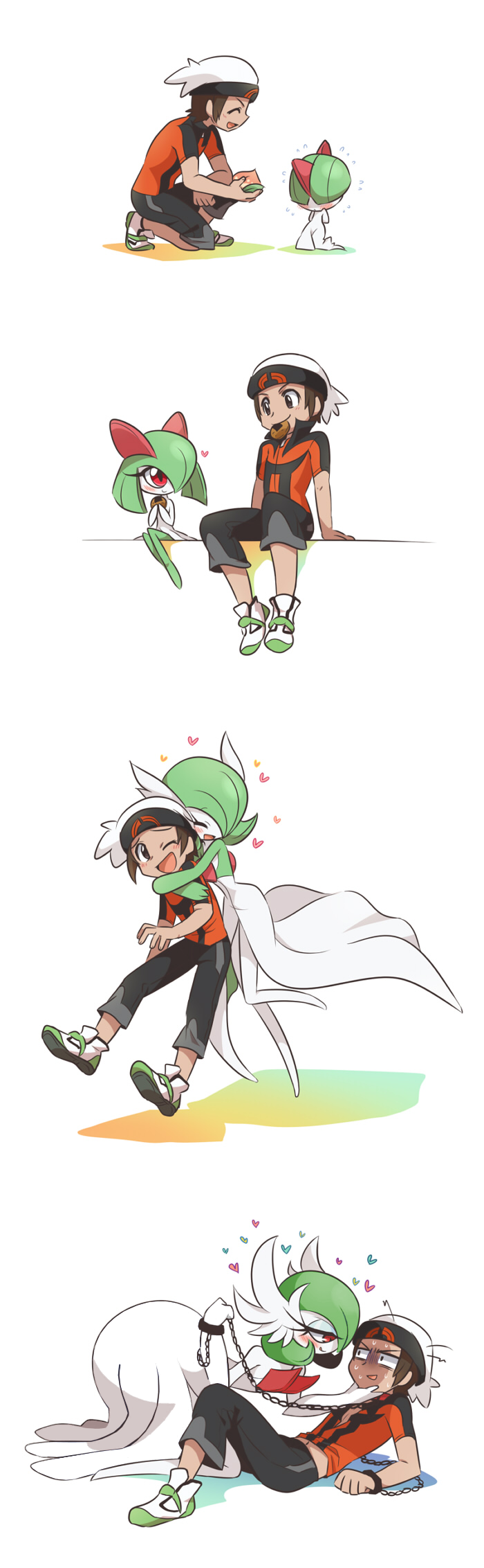 10s 1boy 1girl 4koma age_progression assertive_female bano_akira bdsm berry blush brendan_(pokemon) brendan_(pokemon_oras) brown_hair chain comic cuffs dress eating eye_contact femdom flying_sweatdrops food gardevoir gen_3_pokemon green_hair hat heart hetero highres hug hug_from_behind kirlia looking_at_another lying mega_gardevoir mega_pokemon nintendo pokemon pokemon_(creature) pokemon_oras ralts scared senbei shaded_face short_hair silent_comic sweat sweatdrop you_gonna_get_raped