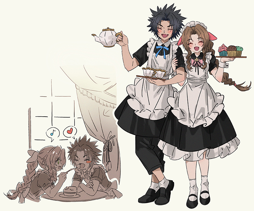 1boy 1girl aerith_gainsborough alternate_costume apron black_dress black_footwear black_hair braid braided_ponytail brown_hair cake closed_eyes commentary couple crisis_core_final_fantasy_vii crossdressing dress drill_hair drill_sidelocks elbow_rest enmaided facing_another facing_viewer feeding final_fantasy final_fantasy_vii final_fantasy_vii_rebirth final_fantasy_vii_remake food fork full_body hair_ribbon heart height_difference holding holding_another&#039;s_arm holding_fork holding_plate huosheanng long_hair looking_at_another maid maid_apron maid_headdress multiple_views musical_note open_mouth parted_bangs pink_ribbon plate ribbon short_sleeves sidelocks smile socks spiked_hair spoken_heart spoken_musical_note standing upper_body white_socks window zack_fair