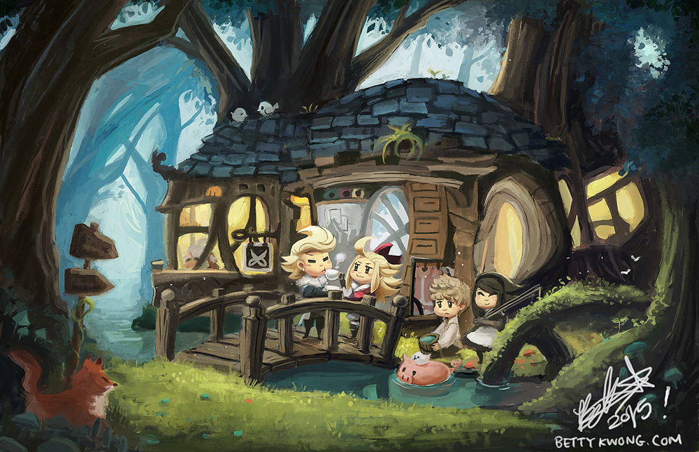 2girls 3boys agnes_oblige bettykwong bird black_hair blonde_hair bravely_default:_flying_fairy bravely_default_(series) brown_hair chibi edea_lee forest fox house multiple_boys multiple_girls nature pig ringabel sign stream tea tiz_arrior tree white_hair yulyana