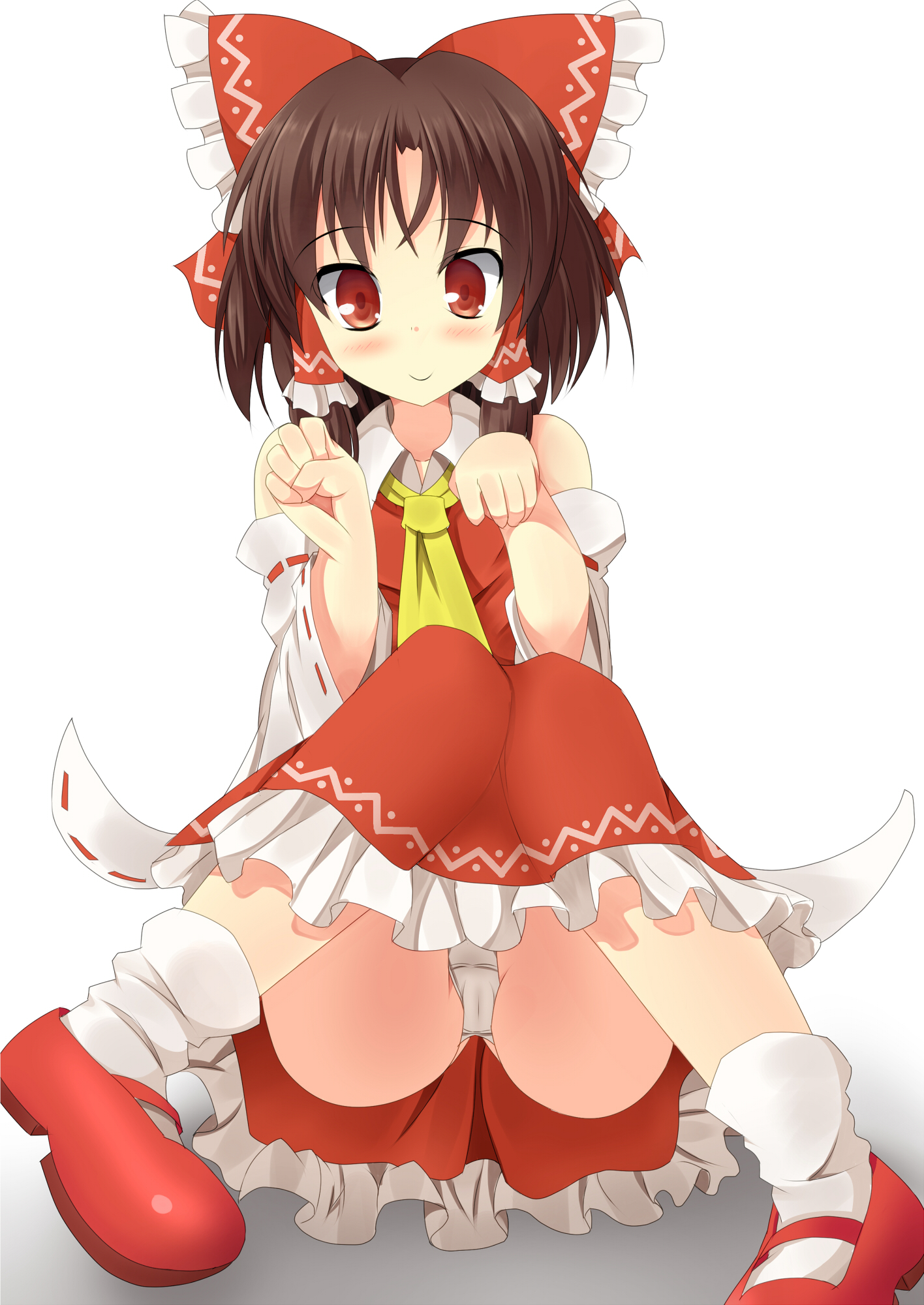 1girl benikurage_(cookie) blush brown_eyes brown_hair cameltoe closed_mouth commentary_request cookie_(touhou) detached_sleeves frilled_hair_tubes frilled_skirt frills full_body hair_tubes hakurei_reimu highres looking_at_viewer medium_hair necktie panties paw_pose red_shirt red_skirt ribbon-trimmed_sleeves ribbon_trim shirt sidelocks skirt sleeveless sleeveless_shirt smile solo standing szk touhou underwear white_background white_panties white_sleeves yellow_necktie