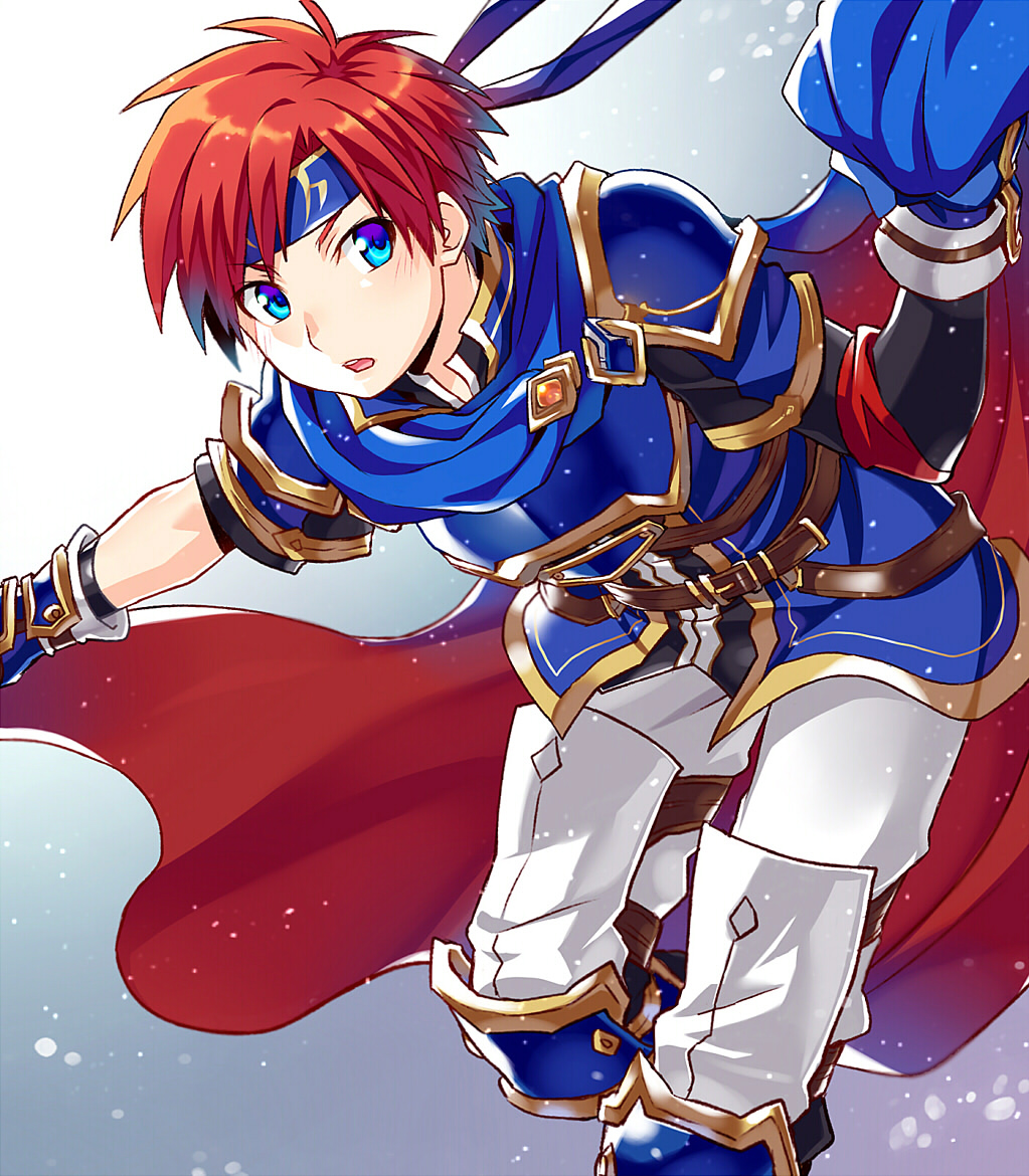 1boy armor blue_armor blue_eyes blush cape fire_emblem fire_emblem:_the_binding_blade fire_emblem_heroes headband male_focus nintendo red_hair roy_(fire_emblem) simple_background solo sword weapon yuki_(sumaburalove)