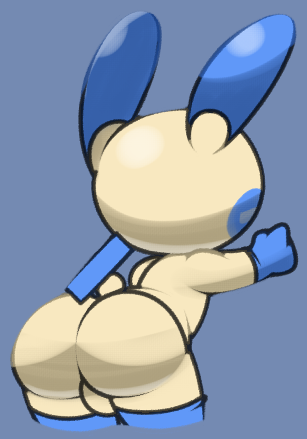 1boy animal_ears arm_up ass blue_background blue_gloves blue_thighhighs blush_stickers body_fur cowboy_shot cropped_legs from_behind furry furry_male gen_3_pokemon gloves leaning_forward male_focus minun nintendo personification pokemon pokemon_(creature) simple_background solo standing tail testicles thighhighs vilepluff yellow_fur