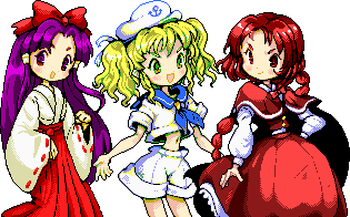 3girls :d blonde_hair blue_neckerchief blue_sailor_collar blunt_bangs bow bowtie capelet christy_frisby closed_mouth collared_shirt cowboy_shot frilled_skirt frills hair_bow hair_tubes hakama hakama_skirt hakurei_reimu hakurei_reimu_(pc-98) hand_on_own_hip hat japanese_clothes kimono kitashirakawa_chiyuri long_braid long_hair long_sleeves looking_at_viewer lowres miko multiple_girls neckerchief okazaki_yumemi open_mouth parted_bangs pixel_art purple_eyes purple_hair red_bow red_bowtie red_capelet red_eyes red_hair red_hakama red_skirt red_vest sailor sailor_collar sailor_hat shirt short_sleeves shorts sidelocks simple_background skirt smile smirk touhou touhou_(pc-98) traditional_bowtie twintails v-shaped_eyebrows very_long_hair vest white_background white_kimono white_shirt white_shorts wide_sleeves