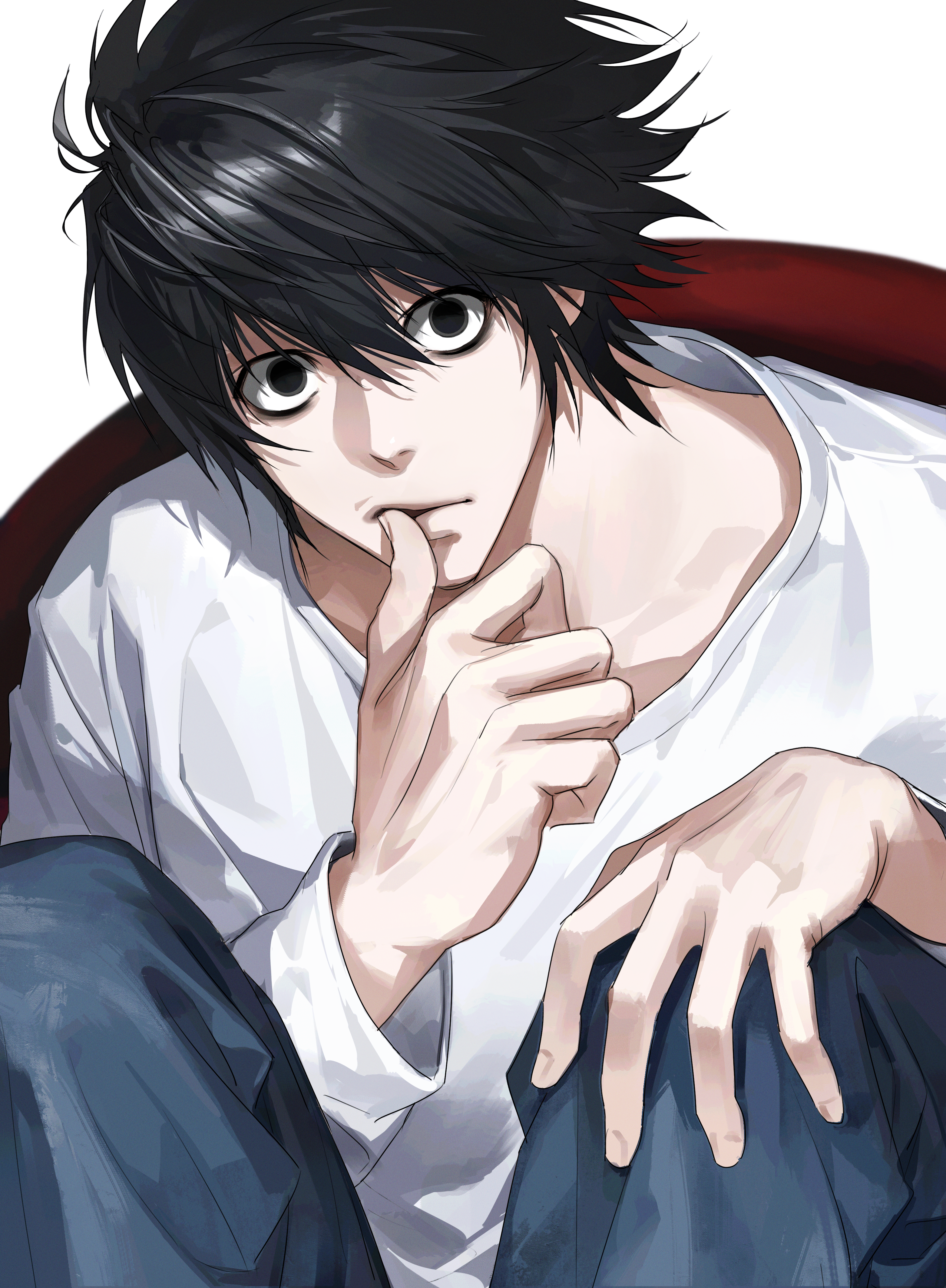 1boy absurdres bags_under_eyes black_eyes black_hair death_note denim finger_in_own_mouth finger_to_mouth hair_between_eyes hand_on_own_knee highres jeans l_(death_note) long_sleeves looking_at_viewer male_focus muksal pants shirt short_hair simple_background solo thumb_to_mouth white_background white_shirt