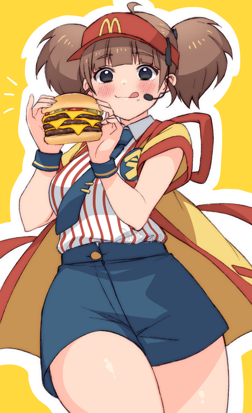 1girl :p black_eyes black_necktie black_shorts blush brown_hair burger collared_shirt cowboy_shot imadake_dabuchi_tabemi ekra food happi headset highres holding holding_burger holding_food japanese_clothes looking_at_viewer mcdonald&#039;s necktie outline shirt shorts solo striped_clothes striped_shirt tongue tongue_out twintails vertical-striped_clothes vertical-striped_shirt visor_cap white_outline yellow_background yellow_happi