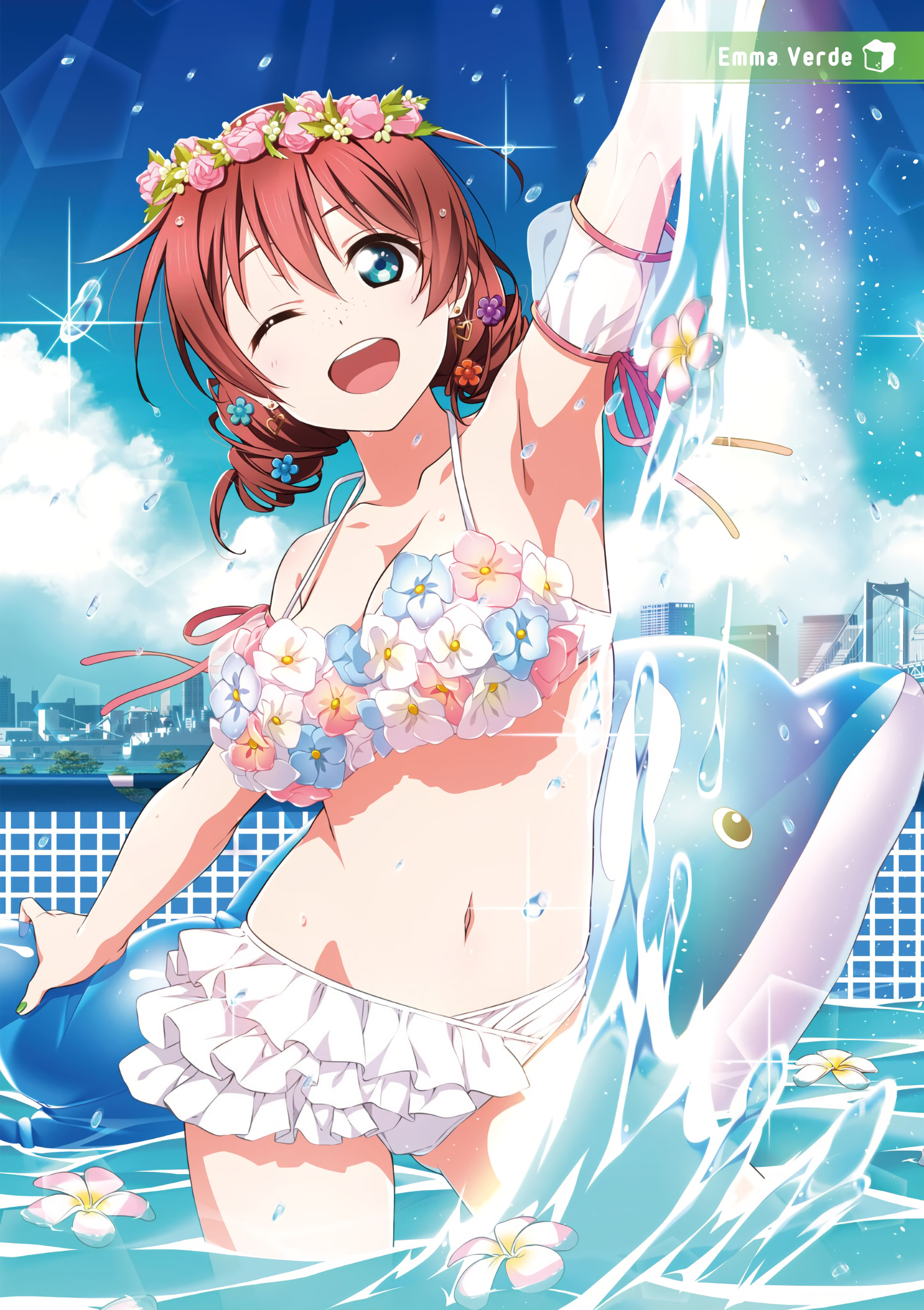 1girl 2c=galore absurdres aqua_eyes bare_legs bare_shoulders bikini bikini_skirt blue_eyes blue_sky blush braid breasts brown_hair character_name city cloud collarbone day drill_hair emma_verde female_focus flower flower_bikini flower_wreath freckles frilled_bikini frills hair_between_eyes hair_flower hair_ornament head_wreath highres large_breasts long_hair looking_at_viewer love_live! love_live!_nijigasaki_high_school_idol_club ocean official_art one_eye_closed outdoors parted_lips red_hair red_ribbon ribbon short_hair sky smile solo swimsuit twin_braids twintails white_bikini