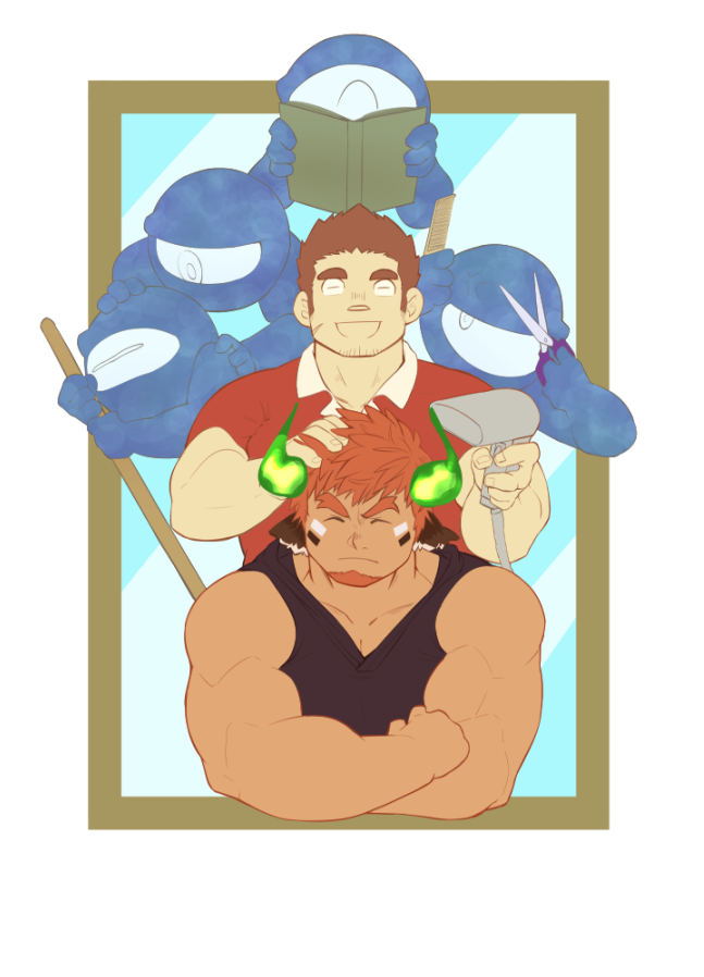2boys animal_ears bara black_tank_top book couple cow_boy cow_ears cow_horns dark-skinned_male dark_skin drying drying_hair facial_hair flat_color goatee happy horns large_pectorals male_focus multiple_boys muscular muscular_male pectorals playing_with_another&#039;s_hair ragi_san_(ononokomachiimo) reading short_hair spirit tamamura_gunzo tank_top thick_eyebrows tokyo_houkago_summoners upper_body wakan_tanka yaoi