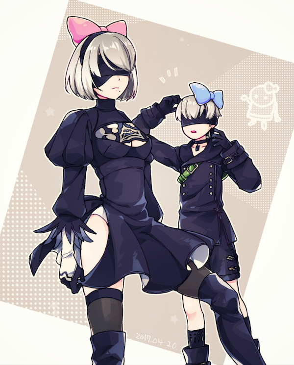 1boy 1girl 2b_(nier:automata) 9s_(nier:automata) blindfold blue_bow boots bow breasts commentary_request covered_eyes dress hair_bow jacket leotard leotard_under_clothes machine_(nier) malt_40 nier:automata nier_(series) pink_bow shorts small_breasts