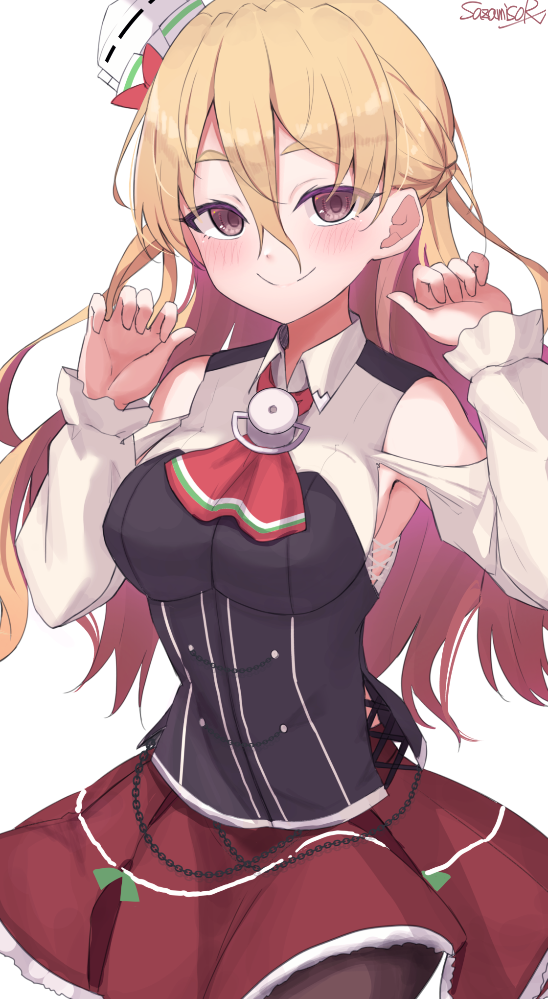 1girl black_corset blonde_hair blush brown_eyes closed_mouth corset cowboy_shot hair_between_eyes hat highres kantai_collection long_hair long_sleeves red_skirt sazamiso_rx simple_background skirt smile solo white_background white_hat zara_(kancolle)