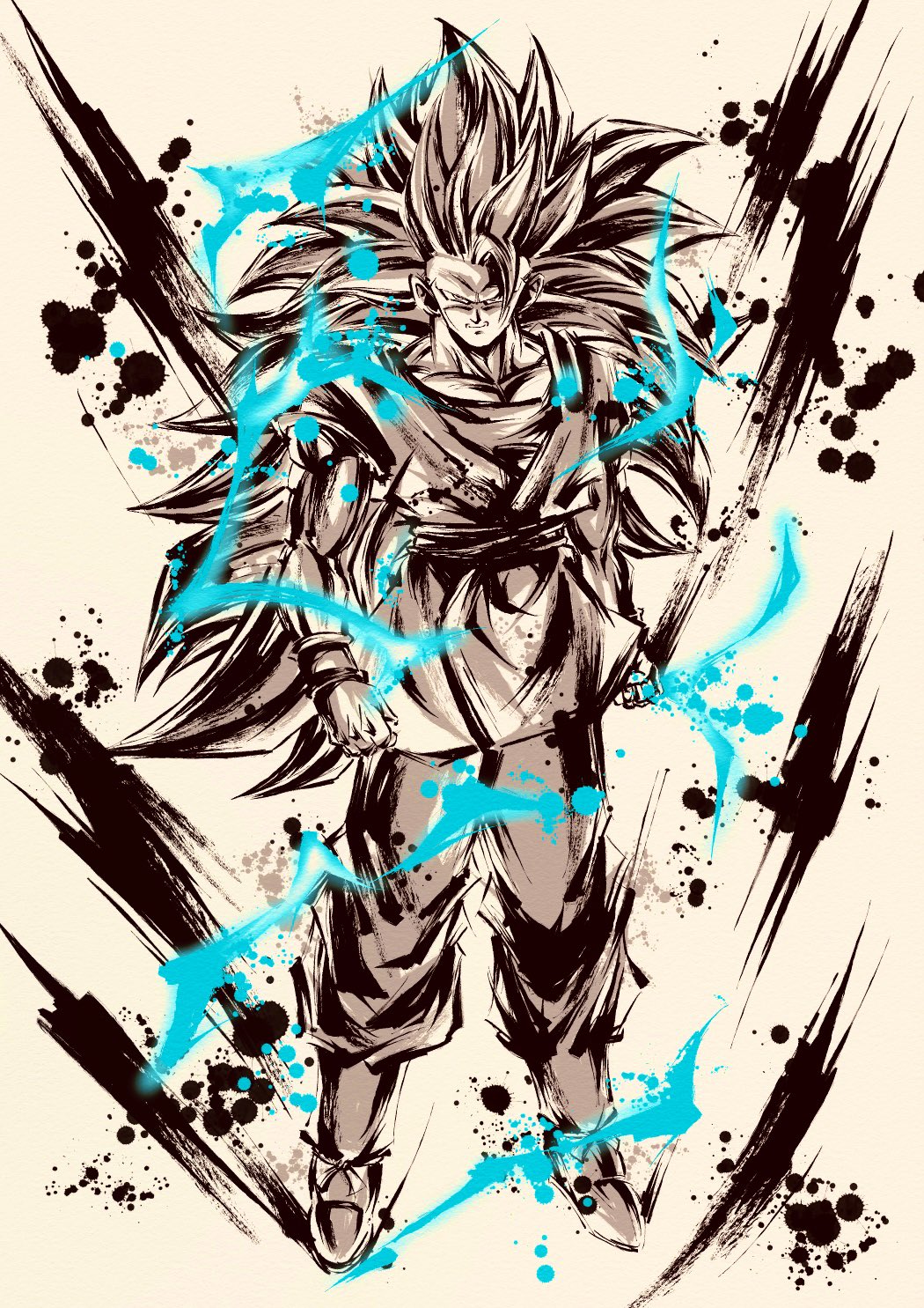 1boy dougi dragon_ball dragon_ball_daima electricity full_body grey_background highres ink_wash_painting long_hair male_focus no_eyebrows pants partially_colored sash shirt simple_background solo son_goku spiked_hair spmjg7 super_saiyan super_saiyan_3 tunic