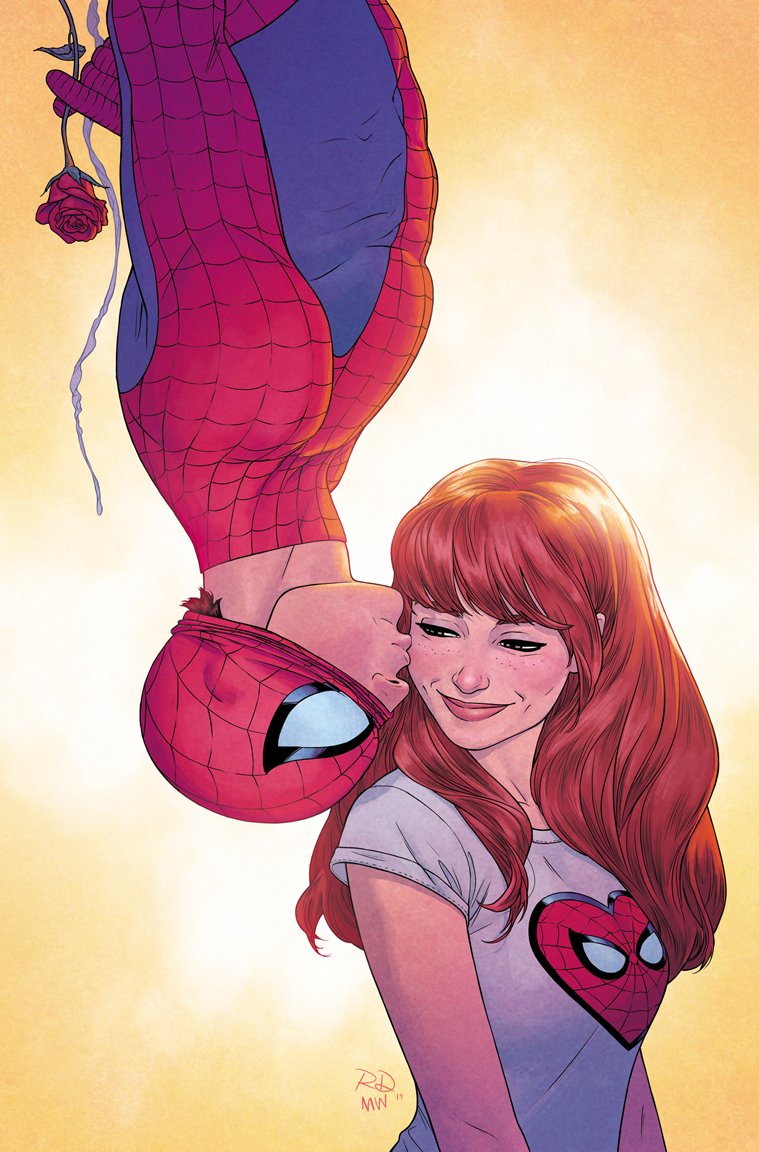 1boy 1girl artist_collaboration blue_bodysuit bodysuit flower gradient_background hetero kiss kissing_cheek long_hair marvel mary_jane_watson mask_lift matt_wilson print_shirt red_bodysuit red_flower red_hair red_rose rose russell_dauterman shirt short_sleeves signature spider-man spider-man_(series) two-tone_bodysuit white_shirt yellow_background