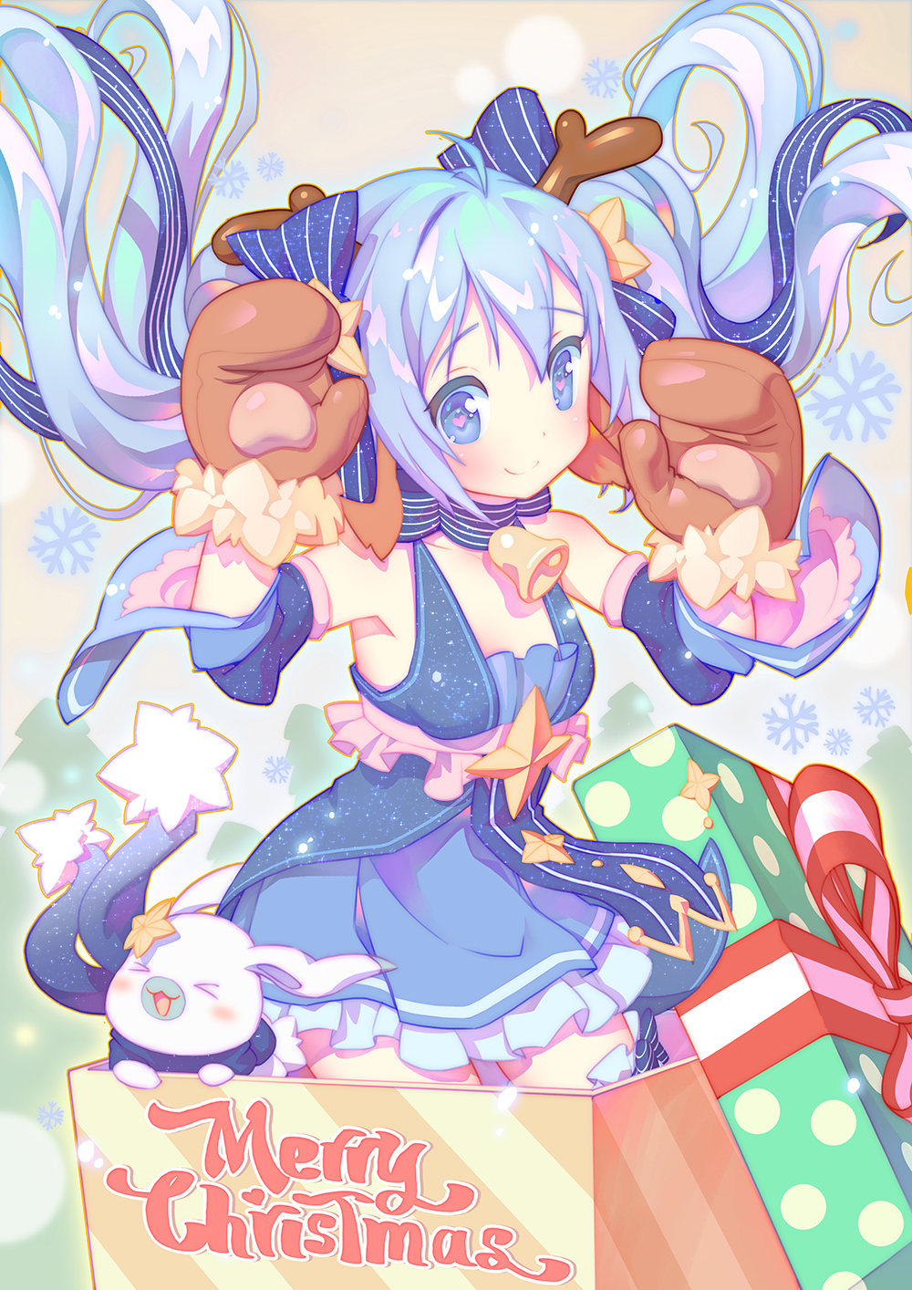 1girl antlers blue_dress blue_eyes blue_hair box dress gift hatsune_miku highres horns in_box in_container rabbit twintails vocaloid xiao_duzi yuki_miku