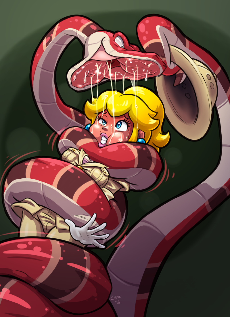 1girl 1other asphyxiation blonde_hair blue_eyes breasts choking earrings jewelry mario_(series) medium_breasts nintendo pearl_earrings princess_peach safari safari_hat shaxbert snake super_mario_odyssey tagme vore