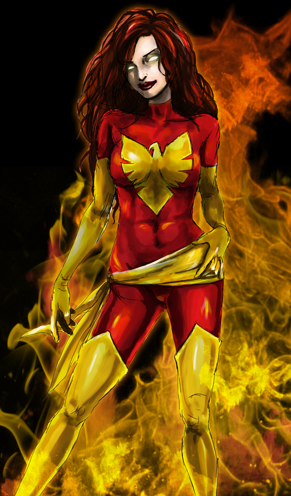 10s 1girl black_lips bodysuit dark_persona dark_phoenix female_focus fire gloves glowing glowing_eyes jean_grey latex latex_gloves laura_(pixiv66597) lipstick long_hair makeup marvel phoenix_(x-men) red_hair skin_tight solo x-men yellow_eyes