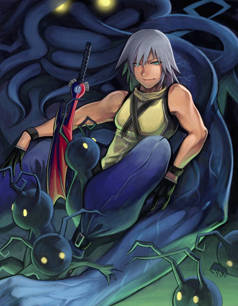 1boy gloves green_eyes heartless kingdom_hearts kingdom_hearts_i male_focus ohji130 riku_(kingdom_hearts) shadow_(kingdom_hearts) silver_hair solo wristband