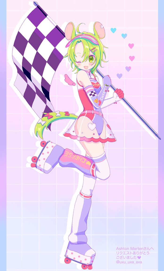 1girl ashton_marten_(vtuber) bow checkered_flag cheese_print cherry_print chinchilla_(animal) chinchilla_ears chinchilla_girl chinchilla_tail commentary commission elbow_gloves english_commentary flag food_print fruit_print gloves green_eyes grid_background hair_ornament hairclip indie_virtual_youtuber leg_warmers leotard multicolored_leotard one_eye_closed open_mouth race_queen roller_skates see-through_clothes see-through_skirt short_hair skates skeb_commission skirt tail tail_bow tail_ornament thighhighs uxu_uxa_axa virtual_youtuber visor_cap white_thighhighs