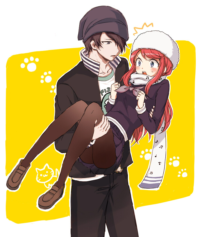 10s 1boy 1girl ban_airi beanie black_hair blue_eyes blush carrying cat couple devil_survivor_(series) devil_survivor_2 grey_eyes hat jacket long_hair musical_note open_mouth pantyhose paw_print popped_collar princess_carry red_hair scarf school_uniform serafuku sidelocks simple_background skirt torii_jungo yamano yellow_background