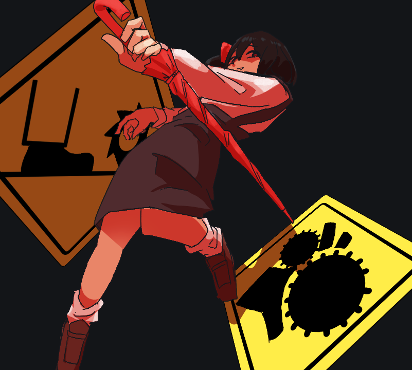 1girl black_background black_hair black_skirt brown_shoes commentary_request cookie_(touhou) full_body grin holding holding_umbrella leftame loafers long_sleeves loose_socks one_side_up red_eyes red_umbrella road_sign shirt shoes short_hair sign simple_background siyudi_(cookie) skirt smile socks solo suspender_skirt suspenders umbrella white_shirt white_socks