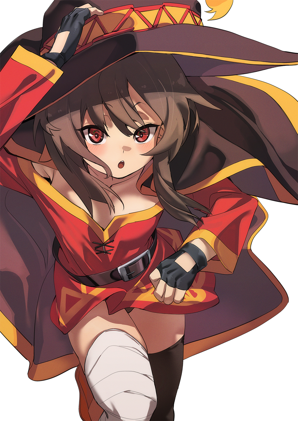 1girl :o asymmetrical_legwear bandaged_leg bandages belt black_belt black_gloves black_thighhighs breasts brown_hair brown_hat cape fingerless_gloves fu-ta gloves hat highres kono_subarashii_sekai_ni_shukufuku_wo! looking_at_viewer medium_hair megumin mismatched_legwear open_mouth red_eyes red_shirt shirt single_thighhigh small_breasts solo thighhighs