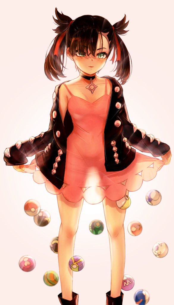 1girl akatsuki_(akatsukinotsuki) black_hair black_jacket blush boots clothes_lift collarbone commentary_request dress dress_lift dusk_ball great_ball green_eyes heal_ball jacket knees lifting_own_clothes long_sleeves love_ball marnie_(pokemon) master_ball medium_hair moon_ball nest_ball nintendo off_shoulder open_clothes open_jacket pink_dress poke_ball poke_ball_(basic) pokemon pokemon_swsh quick_ball repeat_ball smile solo twintails white_background