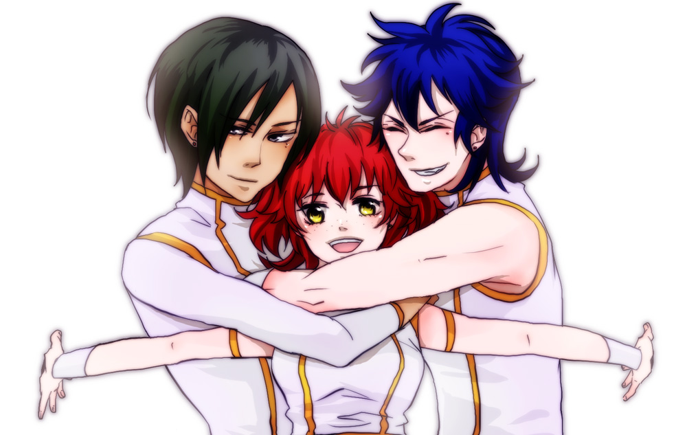 00s 1girl 2boys bad_id bad_pixiv_id blush brother_and_sister brothers freckles gundam gundam_00 hug johann_trinity konno_karin meitukikk7 michael_trinity multiple_boys nena_trinity open_mouth red_hair siblings smile yellow_eyes