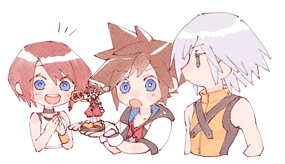 1girl 2boys amiibo bare_shoulders black_choker black_shirt blue_eyes brown_hair camisole chain chain_necklace chibi choker commentary cropped_torso figure fingerless_gloves gloves grey_hair hair_between_eyes in_palm jacket jewelry kairi_(kingdom_hearts) keyblade kingdom_hearts kingdom_key light_blush looking_at_another multiple_boys necklace nitoya_00630a open_mouth own_hands_together red_hair riku_(kingdom_hearts) shirt shirt_under_shirt short_hair short_sleeves smile sora_(kingdom_hearts) spiked_hair vest white_background white_camisole white_gloves white_jacket yellow_vest