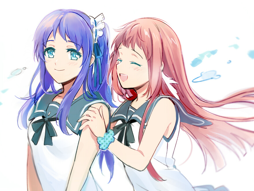 2girls :d aki_(neyuki41028) black_ribbon blue_eyes blue_hair blue_ribbon blue_scrunchie blush brown_hair closed_eyes closed_mouth collarbone collared_shirt floating_hair grey_sailor_collar hair_ribbon hiradaira_chisaki long_hair mukaido_manaka multiple_girls nagi_no_asukara neck_ribbon open_mouth polka_dot polka_dot_scrunchie ribbon sailor_collar sailor_shirt school_uniform scrunchie shirt side_ponytail sleeveless sleeveless_shirt smile upper_body very_long_hair white_shirt wrist_scrunchie