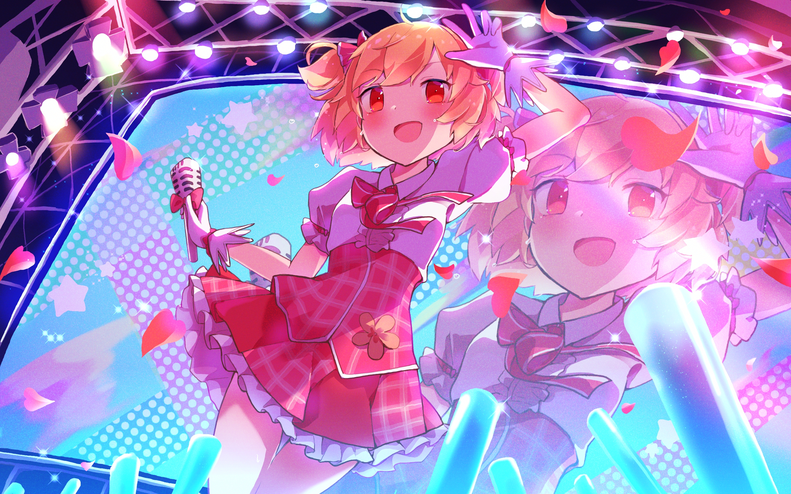 1girl :d ayano_rika blush center_frills collared_shirt corset cowboy_shot dot_nose dutch_angle falling_petals flower flower_symbol frilled_shirt frilled_skirt frills from_below gingham_corset gingham_skirt gloves glowstick hair_ribbon halftone halftone_background heart highres holding holding_microphone idol kamiha_magica_idol_costume kashi_neko looking_at_viewer magia_record:_mahou_shoujo_madoka_magica_gaiden mahou_shoujo_madoka_magica microphone miniskirt neck_ribbon open_mouth orange_hair petals plaid_clothes plaid_corset plaid_skirt pleated_skirt puffy_short_sleeves puffy_sleeves rainbow red_corset red_eyes red_ribbon red_skirt ribbon shirt short_hair short_sleeves skirt smile stage star_(symbol) swept_bangs tied_sleeves two_side_up w white_gloves white_shirt yellow_flower zoom_layer