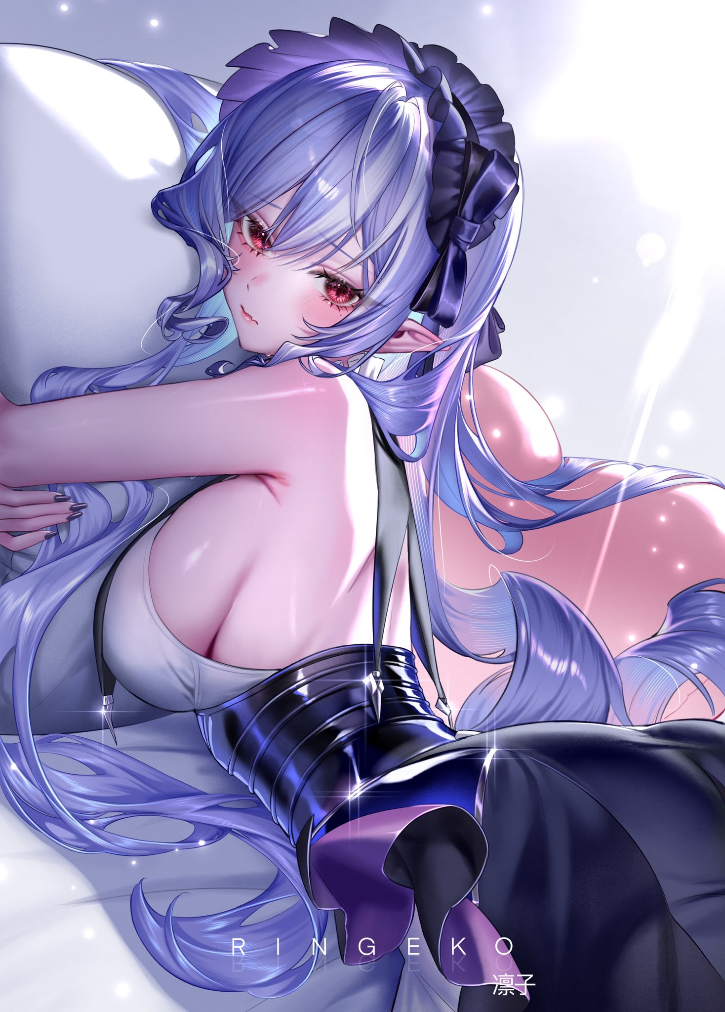 1girl armpit_crease artist_name back bare_shoulders bed black_nails black_skirt blush breasts closed_mouth commentary fingernails from_side heart heart-shaped_pillow high-waist_skirt highres hugging_object large_breasts long_hair looking_at_viewer multicolored_hair nail_polish no_jacket on_bed pillow pillow_hug pointy_ears purple_hair red_eyes ringeko-chan shoulder_blades sideboob sidelocks skirt solo streaked_hair vivian_(zenless_zone_zero) zenless_zone_zero