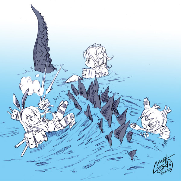 10s 3girls crossover godzilla godzilla_(series) ikazuchi_(kancolle) kagerou_(kancolle) kaiju kantai_collection long_hair monster multiple_girls nishikawa_shinji ocean partially_submerged rensouhou-chan shimakaze_(kancolle) short_hair skirt spikes striped_clothes striped_legwear striped_thighhighs struggling tail thighhighs toho