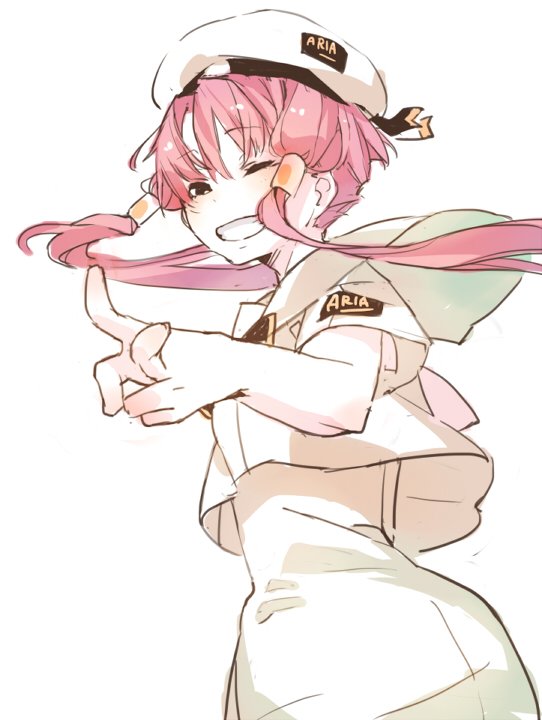 1girl aria_(manga) aria_company_uniform beret blush bow bowtie cowboy_shot dress from_behind gold_trim hat hat_ribbon looking_at_viewer mizunashi_akari mmlu_(honwa_karesu) one_eye_closed pink_hair ribbon sailor_collar short_hair_with_long_locks short_sleeves simple_background smile solo teeth v white_background white_dress white_hat