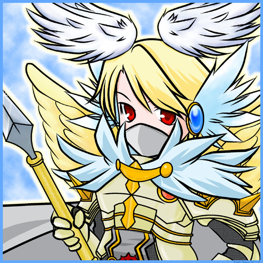 1boy armor blonde_hair blue_wings breastplate cape commentary_request feathered_wings grey_cape head_wings holding holding_polearm holding_weapon looking_at_viewer male_focus mask mouth_mask polearm ragnarok_online red_eyes rune_knight_(ragnarok_online) short_hair solo spear upper_body variant_set weapon white_wings wings yazawa_kazuki yellow_wings