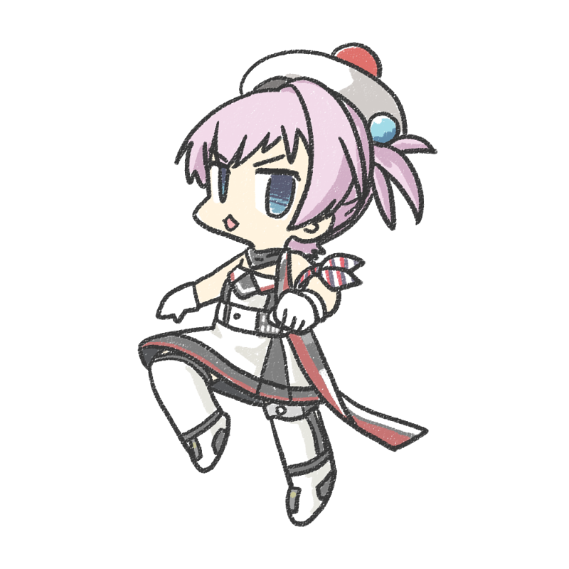 1girl :3 beret blue_eyes cosplay dress ferret-san full_body gloves hat kantai_collection looking_at_viewer marching multicolored_scarf open_mouth ponytail purple_hair richelieu_(kancolle) richelieu_(kancolle)_(cosplay) scarf shiranui_(kancolle) short_hair simple_background solo thighhighs white_background white_dress white_gloves white_hat white_thighhighs