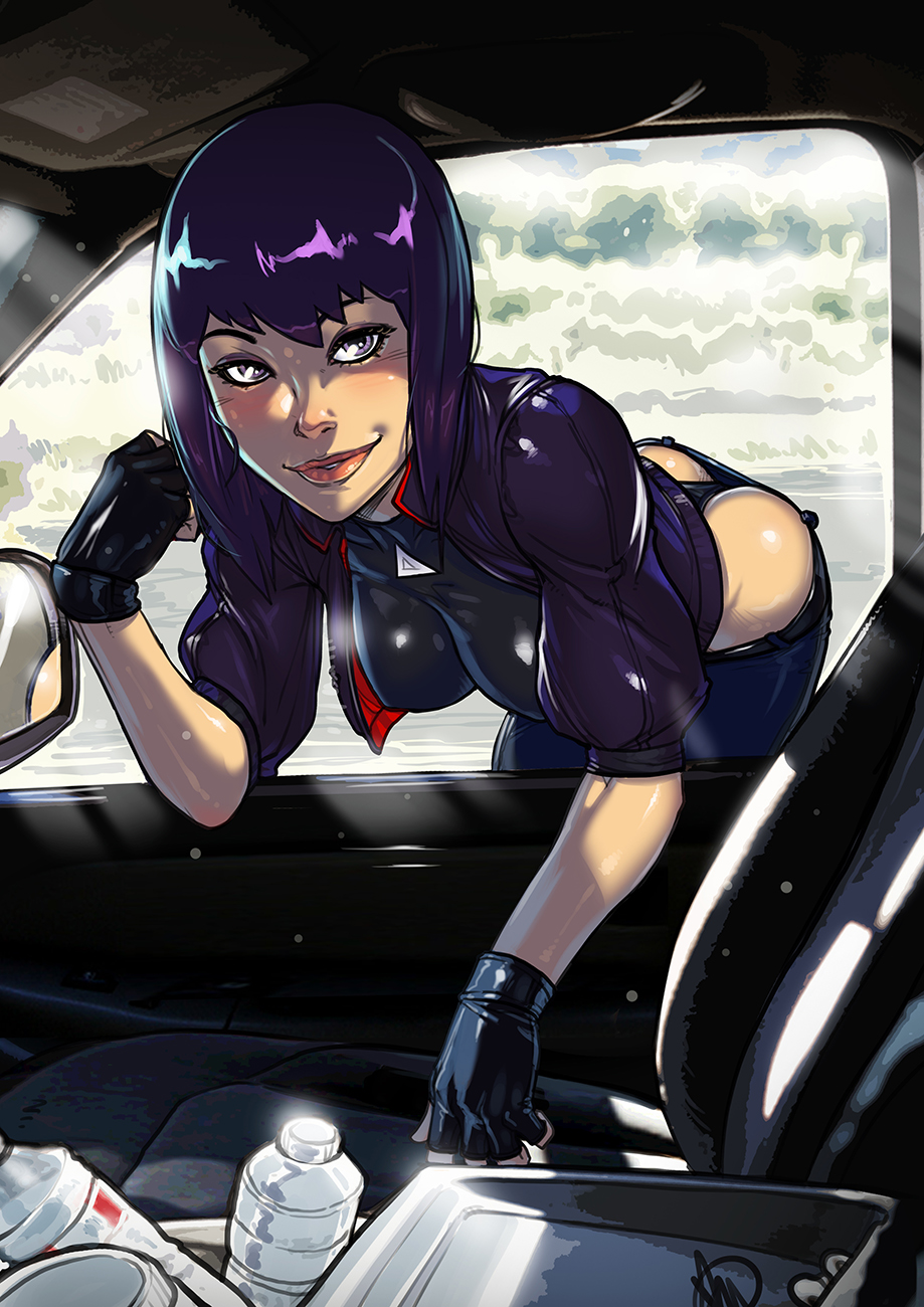 ass car ganassa ghost_in_the_shell ghost_in_the_shell:_sac_2045 ghost_in_the_shell:_stand_alone_complex highres hitchhiking kusanagi_motoko leaning_forward motor_vehicle nipples_visible_through_shirt tagme