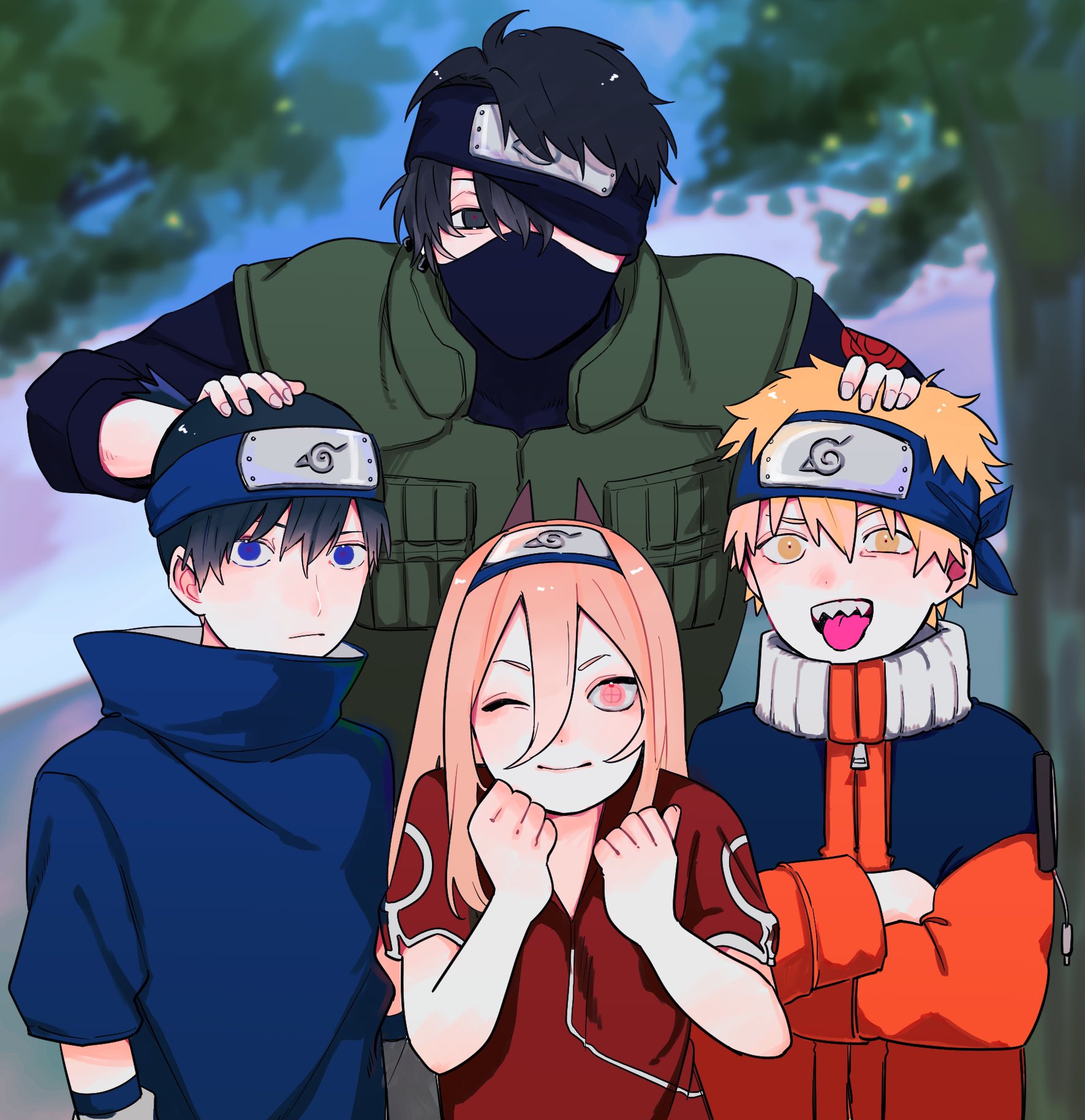 1girl 3boys aged_down black_hair blonde_hair blue_eyes blue_shirt blurry blurry_background chainsaw_man cosplay crossed_arms denji_(chainsaw_man) ear_piercing gurukousu hair_between_eyes hand_on_another's_head haruno_sakura haruno_sakura_(cosplay) hatake_kakashi hatake_kakashi_(cosplay) hayakawa_aki headband highres horns kishibe_(chainsaw_man) kishibe_(young)_(chainsaw_man) konohagakure_symbol long_hair multiple_boys naruto_(classic) naruto_(series) one_eye_closed one_eye_covered piercing pink_eyes pink_hair popped_collar power_(chainsaw_man) purple_horns red_shirt sharp_teeth shirt short_hair smile teeth tongue tongue_out topknot tree uchiha_sasuke uchiha_sasuke_(cosplay) uzumaki_naruto uzumaki_naruto_(cosplay) yellow_eyes