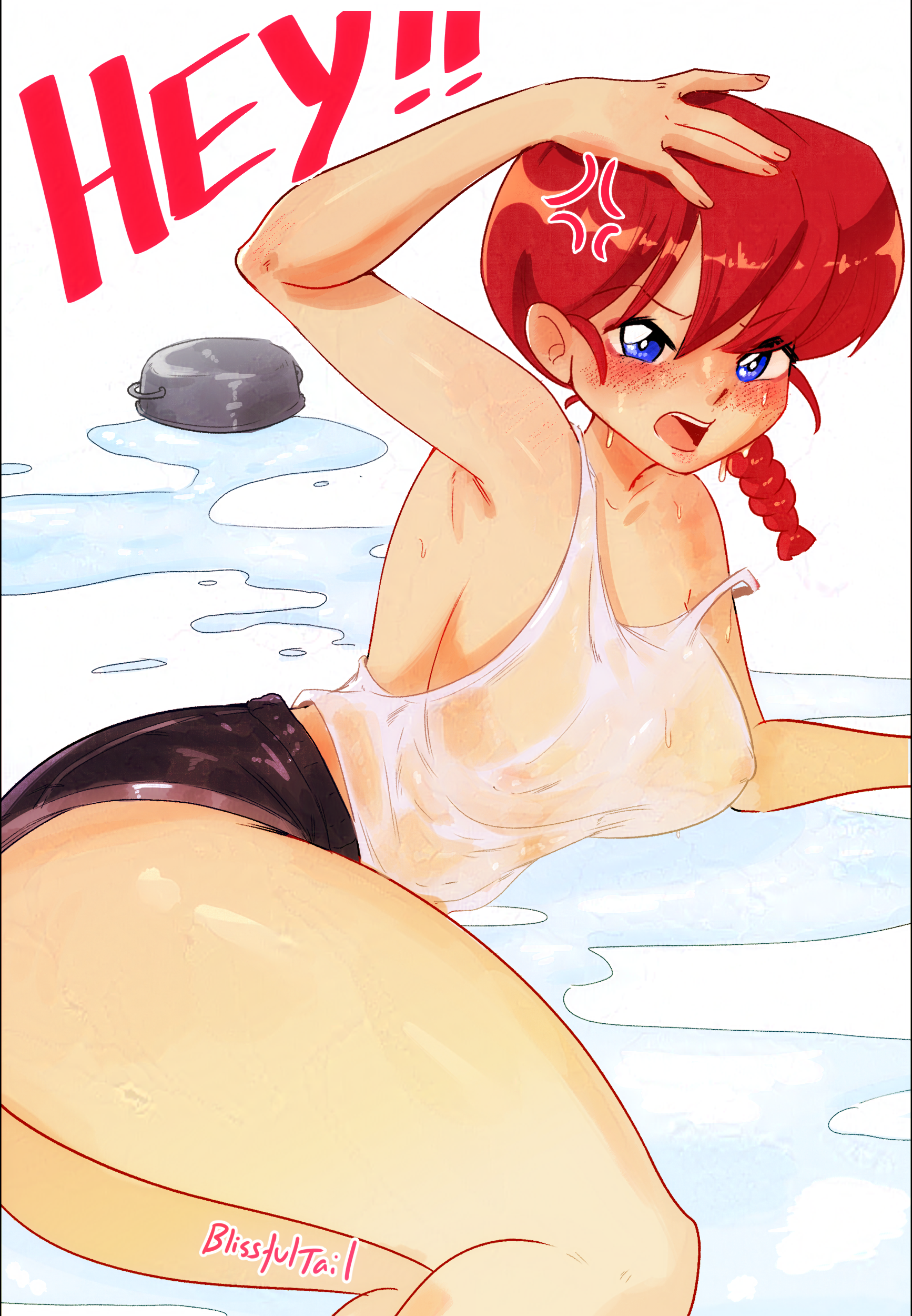 blissfultail, ranma-chan, saotome ranma, ranma 12, absurdres, highres,  anger vein, blue eyes, blush, braid, breasts, english text, genderswap,  genderswap (mtf), nipples, no bra, open mouth, red hair, see-through  clothes, shiny skin, shorts,