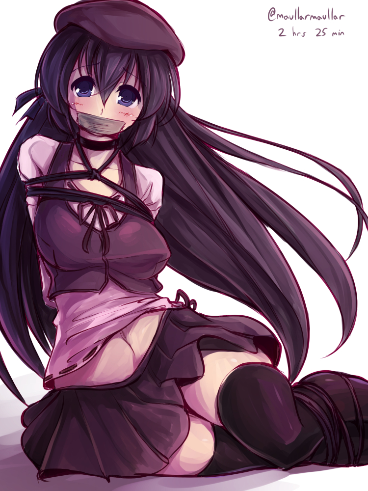 00s 1girl arms_behind_back bdsm beret black_hair black_thighhighs blush bondage bound breasts completion_time female_focus gag gagged hat improvised_gag long_hair looking_at_viewer maullarmaullar purple_eyes rope shibari shibari_over_clothes shihou_matsuri sitting skirt sola solo tape tape_gag thighhighs wide_hips yokozuwari