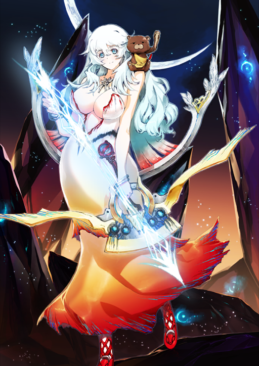 1girl arrow_(projectile) artemis_(fate) bangle blue_eyes bow_(weapon) bracelet breasts cleavage closed_mouth contrapposto crescent_moon dress fate/grand_order fate_(series) full_body glowing gradient_clothes gradient_dress hair_between_eyes holding holding_bow_(weapon) holding_weapon i-iv_(longman) jewelry large_breasts long_hair looking_at_viewer moon multiple_bracelets necklace official_art on_shoulder orange_dress orion_(bear)_(fate) plunging_neckline red_sandals sandals sidelocks silver_bangle smile solo strapless strapless_dress stuffed_animal stuffed_toy teddy_bear third-party_source variant_set weapon white_hair