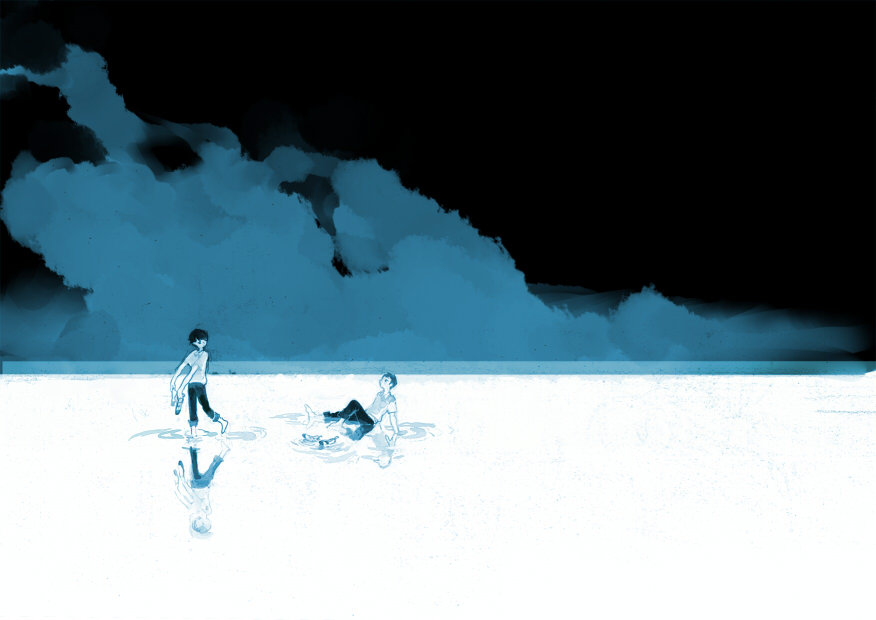 2boys barefoot black_sky blue_clouds blue_theme cloud limited_palette male_focus minahamu multiple_boys original pants shirt sitting sky t-shirt