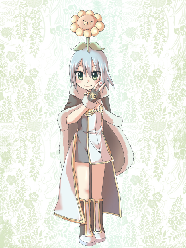 1girl blush boots breasts cape closed_mouth commentary_request dress flower flower_on_head full_body fur-trimmed_cape fur-trimmed_gloves fur_trim gloves green_eyes grey_boots grey_dress grey_gloves grey_hair high_wizard_(ragnarok_online) holding holding_mahjong_tile looking_at_viewer mahjong mahjong_tile multicolored_boots poring porinu ragnarok_online short_hair small_breasts smile solo standing sunflower two-tone_boots two-tone_dress white_boots white_dress yellow_flower
