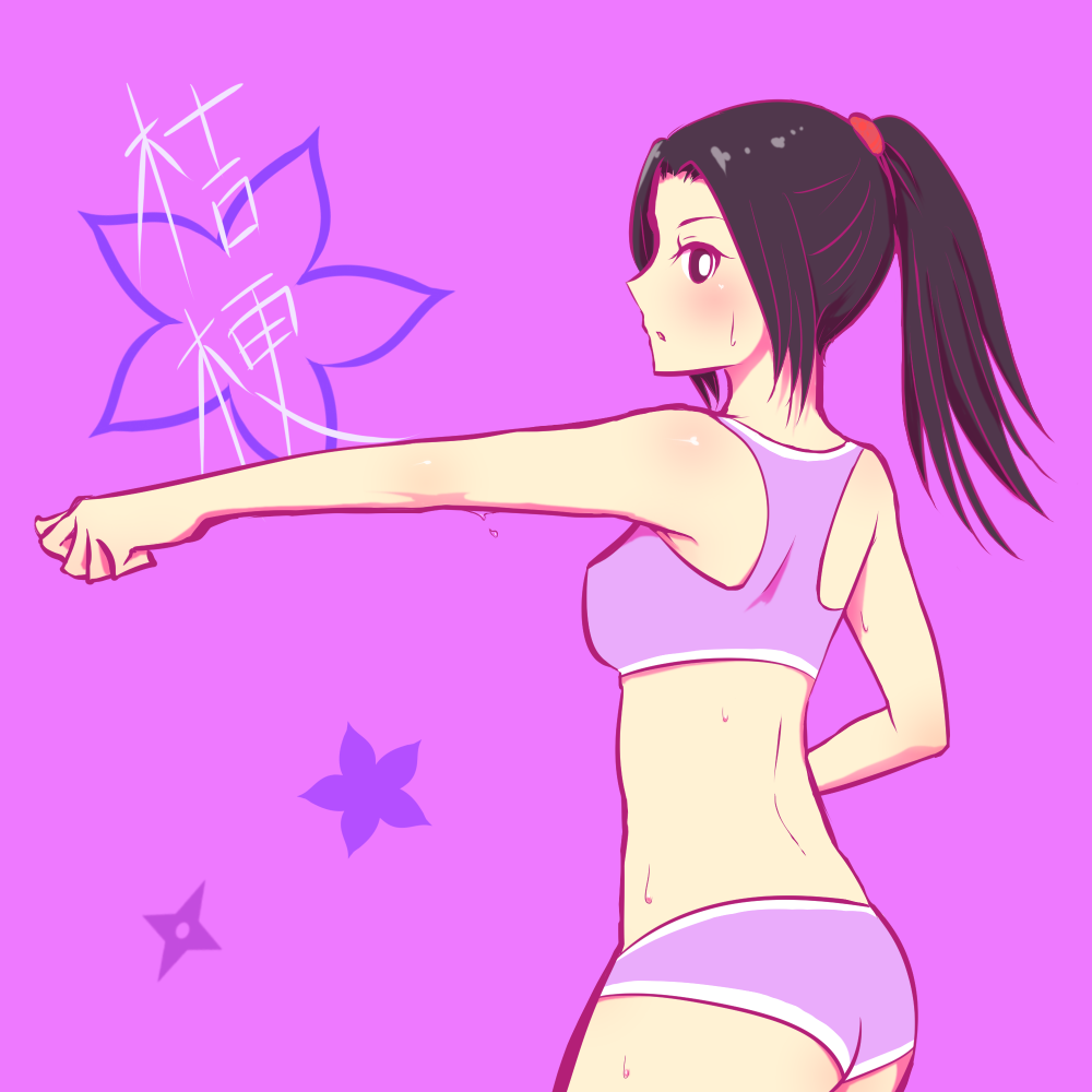 1girl brown_hair gym_shorts kosaka_kikyo kousaka_kikyou potato_(artist) purple_eyes shorts shuriken_sentai_ninninger sports_bra super_sentai sweat