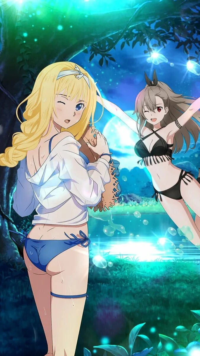 2girls alice_zuberg artist_request ass blonde_hair butt_crack eydis_(sao) lake multiple_girls smile sword_art_online sword_art_online:_alicization tagme water