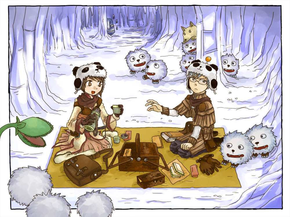 2boys :&lt; black_pants boots brown_capelet brown_eyes brown_gloves brown_hair brown_shirt capelet cave_interior closed_mouth creature cup food frown full_body gazeti gloves grey_boots holding holding_cup holding_thermos ice in-universe_location indoors long_sleeves looking_at_another male_focus multiple_boys muscipular open_mouth panda_hat pants picnic picnic_basket picnic_blanket plant ragnarok_online roween_(ragnarok_online) sage_(ragnarok_online) sandwich seno_kuin shirt short_hair siroma smile soul_linker_(ragnarok_online) striped_capelet thermos unworn_gloves venus_flytrap